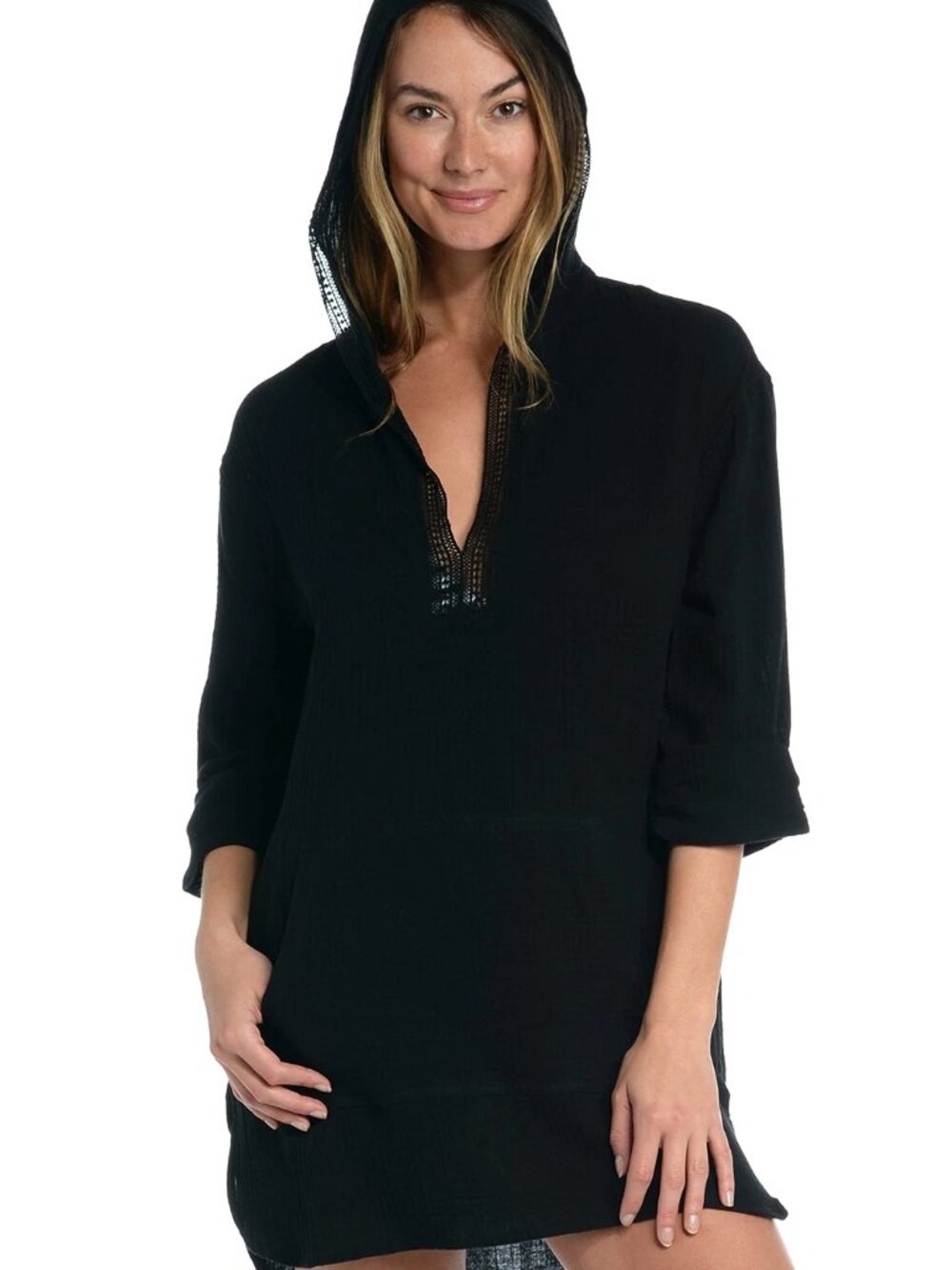 La Blanca Womens Seaside Hoodie Cover Up Tunic in Black Size L - Picture 4 of 14